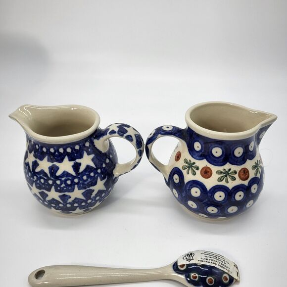 Boleslawiec Polish Pottery Stars & Blue Dot Design Small Creamer Set with Spoon - Picture 8 of 14